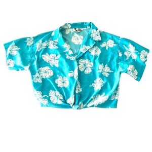 ViINTAGE 80s HILO HATTIE Hawaiian Shirt Crop Tie Front  Hibiscus Floral  Blue XL